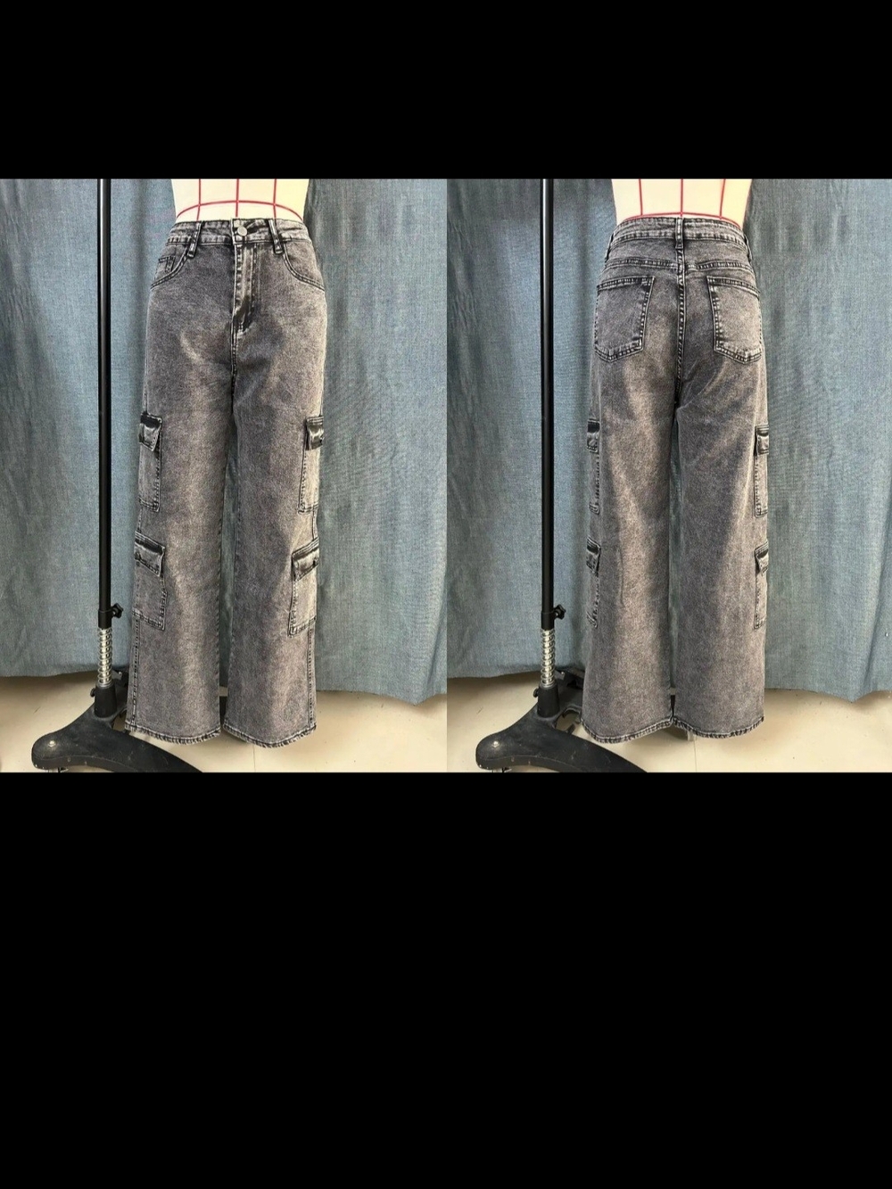 Women's Gray Washed Wide-Leg Cargo Jeans